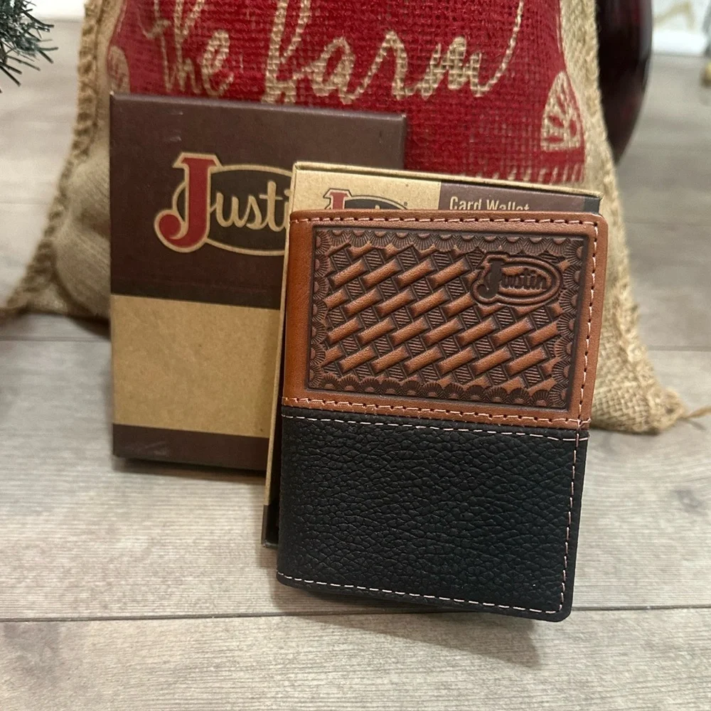 New Justin Boots Mens Leather Wallet Bi Fold Basketweave Card Wallet Brown Black